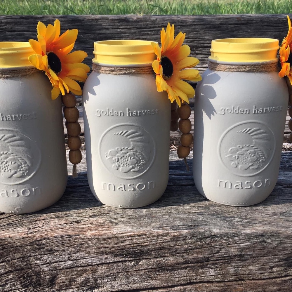 6078 Set of 3 Fall Sunflower & Bead Embellished Golden Harvest Mason Jars